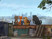 2D animation of different coloured cats sitting on the ledge looking away, while one looks over its shoulder with a mischievous look