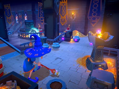 Animated gameplay of a wizard in large blue hat using a staff as a gold club inside a stone castle with treasures littered around