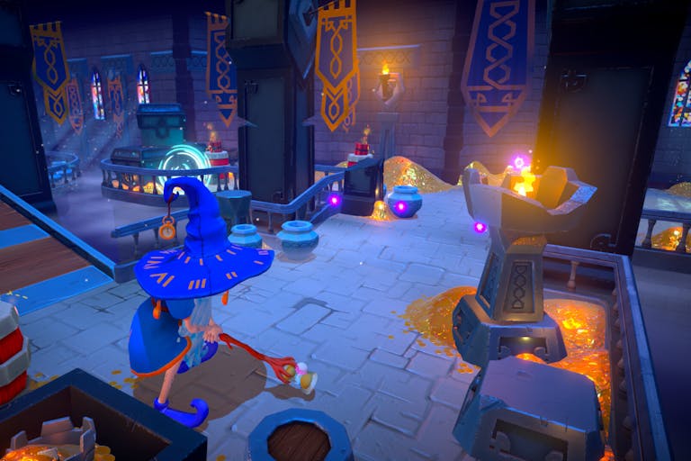 Animated gameplay of a wizard in large blue hat using a staff as a gold club inside a stone castle with treasures littered around