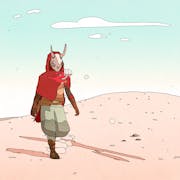 Masked video game protagonist walks through a desert