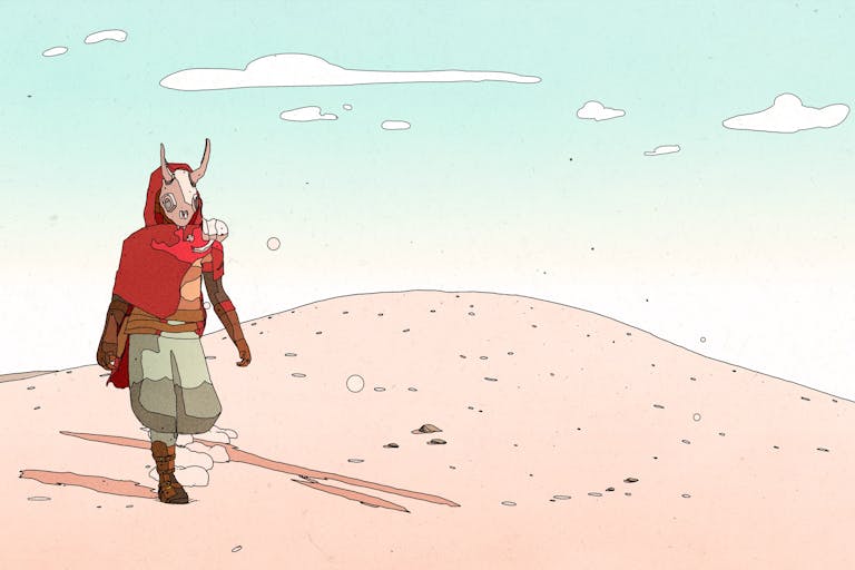 Masked video game protagonist walks through a desert