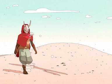 Masked video game protagonist walks through a desert