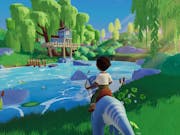 Magical gameplay of a character riding a dinosaur in a picturesque, pastel coloured landscape of willow trees and blue lake