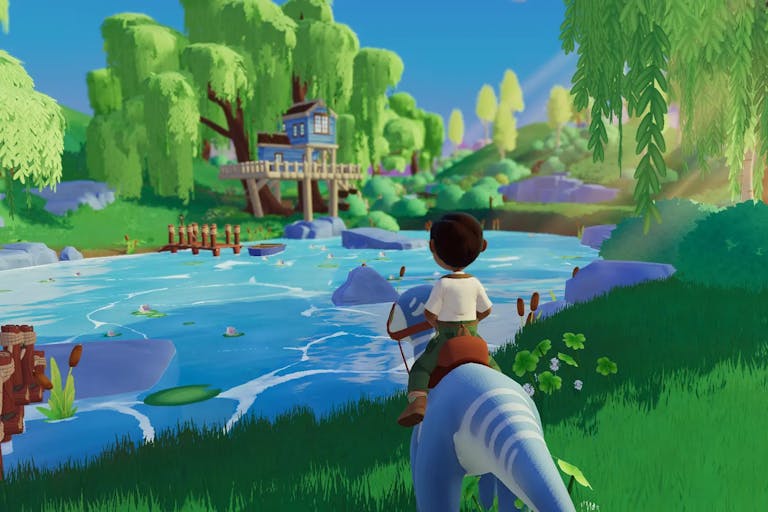 Magical gameplay of a character riding a dinosaur in a picturesque, pastel coloured landscape of willow trees and blue lake 