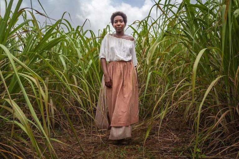 A Black woman with cropped hair, wearing a loose blouse and skirt and peach apron, walking through a plantation of tall crops looking determined