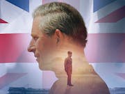 Profile of a middle-aged man against the backdrop of a red, white and blue Union Jack flag, with an image of a young boy overlaid
