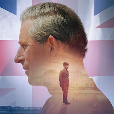 Profile of a middle-aged man against the backdrop of a red, white and blue Union Jack flag, with an image of a young boy overlaid 