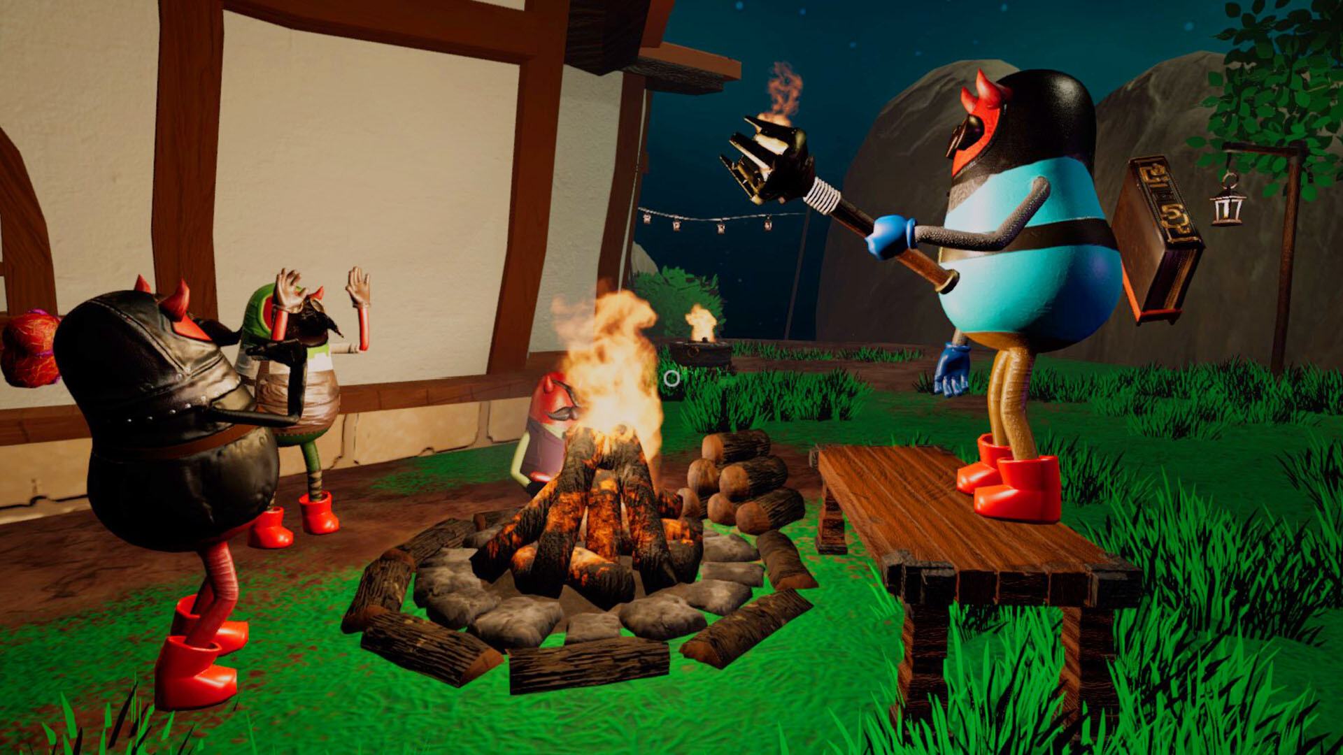 Three egg shaped beings in dark suits and devil ears, standing, hands raised, around a fire