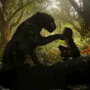 A panther sitting opposite a young brown boy in a jungle with a paw gently holding the boy's face