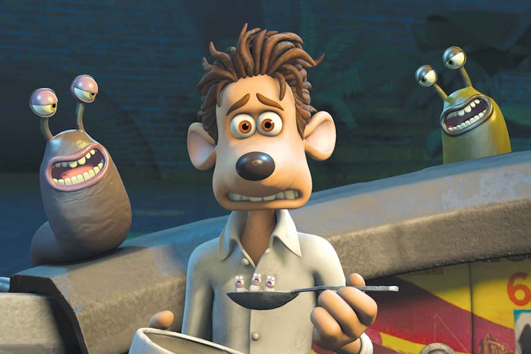 Animation of an anthropomorphised rat looking unnerved with two large slugs behind him