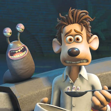 Animation of an anthropomorphised rat looking unnerved with two large slugs behind him