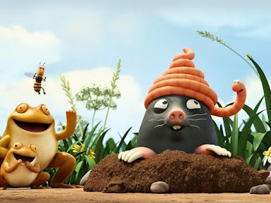 Animated image of a worm wrapped around the head of a mole, and various other creatures surrounding them and smiling including snails and frogs.