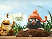 Animated image of a worm wrapped around the head of a mole, and various other creatures surrounding them and smiling including snails and frogs.
