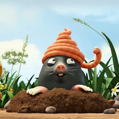Animated image of a worm wrapped around the head of a mole, and various other creatures surrounding them and smiling including snails and frogs.