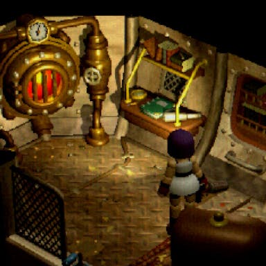 Pixelated gameplay of a woman character in a chamber with a furnace and an arrow pointing up a ladder