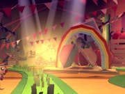 Video game image of a childlike landscape with a rainbow and bunting.