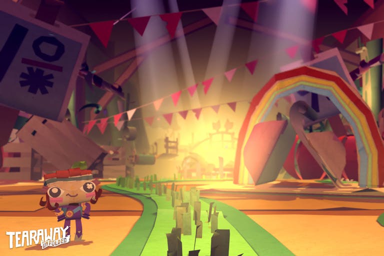 Video game image of a childlike landscape with a rainbow and bunting. 