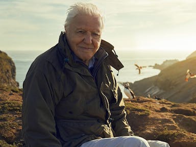 Older man with white hair smiles against a backdrop of mountains and the sea