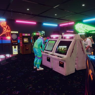 Gameplay of a retro arcade light neon, characters playing arcades