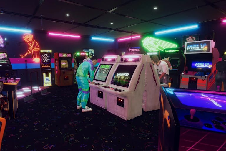 Gameplay of a retro arcade light neon, characters playing arcades
