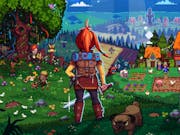 Pixel style game play of a female character with a red ponytail, backpack holding a sword, looking across a magical green landscape with trees, mountains and vegetable patches