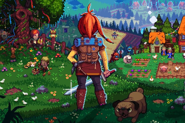 Pixel style game play of a female character with a red ponytail, backpack holding a sword, looking across a magical green landscape with trees, mountains and vegetable patches