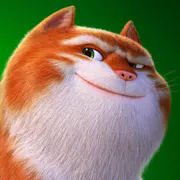 Animated ginger cat grins cheekily, against a green backdrop.