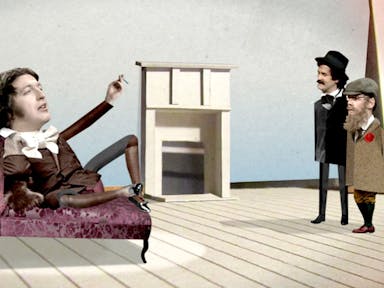 Paper figure style animation of a man in an ornate period costume on a chaise longue, with two men stood to the side looking onwards