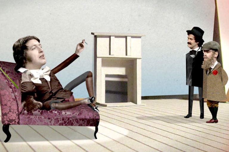 Paper figure style animation of a man in an ornate period costume on a chaise longue, with two men stood to the side looking onwards