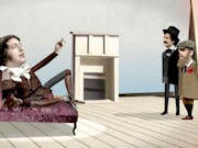 Paper figure style animation of a man in an ornate period costume on a chaise longue, with two men stood to the side looking onwards