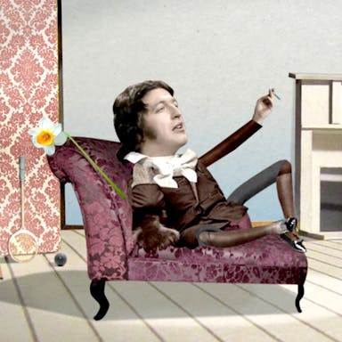Paper figure style animation of a man in an ornate period costume on a chaise longue, with two men stood to the side looking onwards