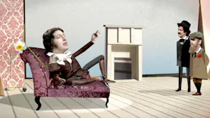 Paper figure style animation of a man in an ornate period costume on a chaise longue, with two men stood to the side looking onwards