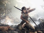 Detailed gameplay of a white woman with brown ponytail bandaging her arm with a crossbow over her shoulder in a chaotic sea setting