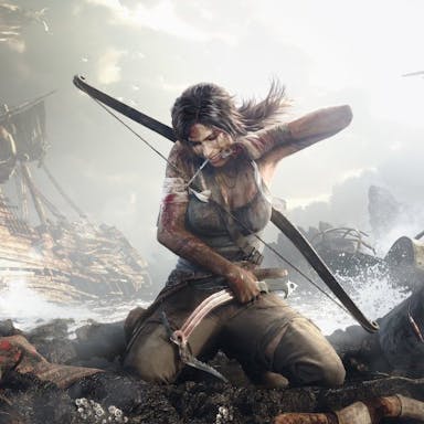 Detailed gameplay of a white woman with brown ponytail bandaging her arm with a crossbow over her shoulder in a chaotic sea setting