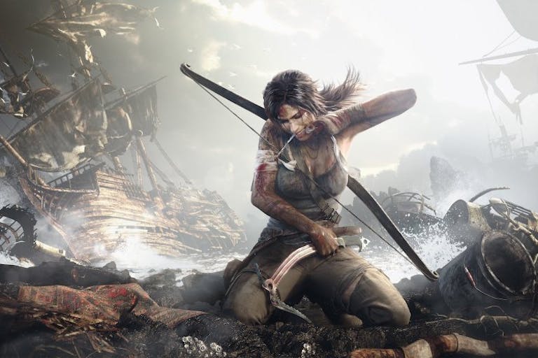 Detailed gameplay of a white woman with brown ponytail bandaging her arm with a crossbow over her shoulder in a chaotic sea setting