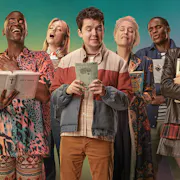 A line of people in a choir-like formation, with expressive faces mid-singing