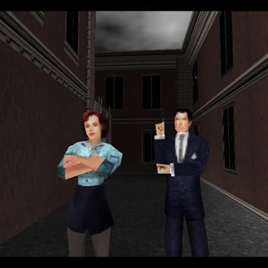 Old style game play of a white woman and white man in a suit holding a gun