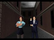 Old style game play of a white woman and white man in a suit holding a gun