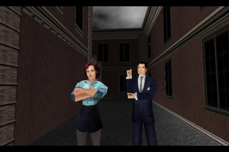 Old style game play of a white woman and white man in a suit holding a gun