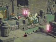 Animated video game image of a castle and dragon.
