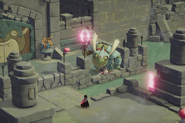 Animated video game image of a castle and dragon.
