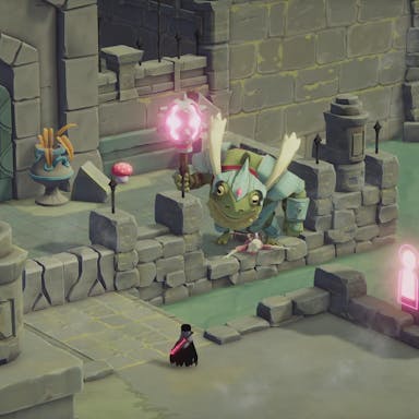 Animated video game image of a castle and dragon.