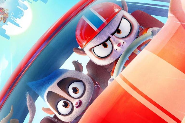 Animated scene of creatures looking determined driving a red car
