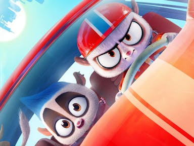 Animated scene of creatures looking determined driving a red car