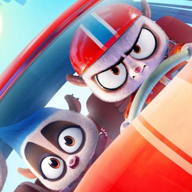 Animated scene of creatures looking determined driving a red car