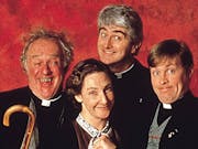 Grouping a three white men in vicar dog collars and a put together white woman