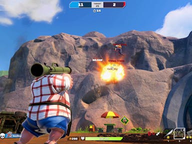 Cartoonish gameplay of a character shouldering a bazooka firing at a rock face