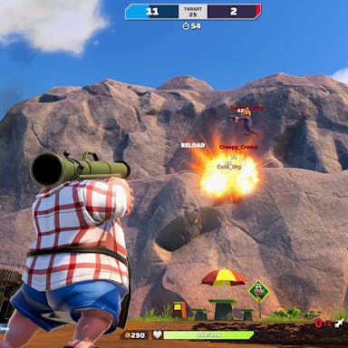 Cartoonish gameplay of a character shouldering a bazooka firing at a rock face