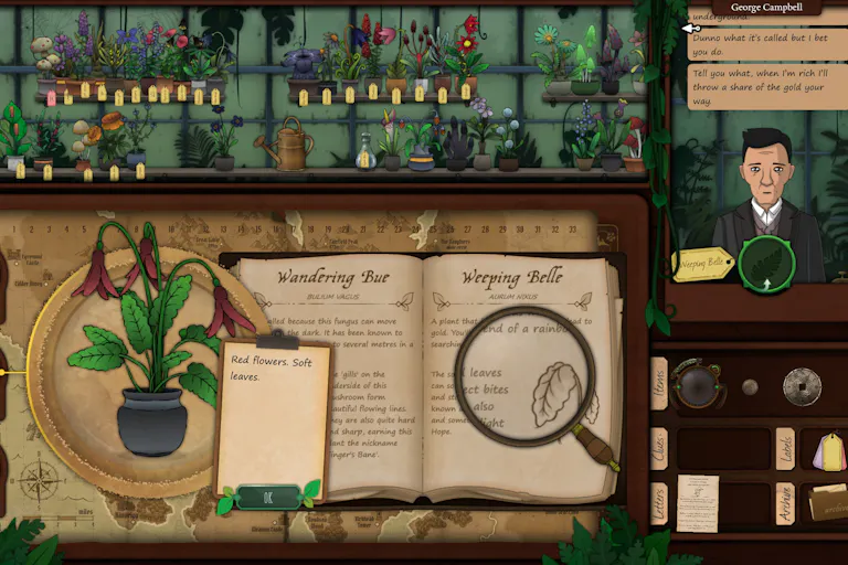 Video game scene of shelves filled with plants and an old-fashioned looking book.