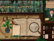 Video game scene of shelves filled with plants and an old-fashioned looking book.
